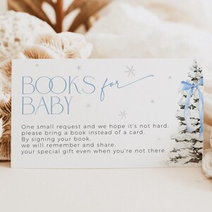 Blauwe strik kerstboeken voor baby verzoekkaartsjabloon, Coquette Tree Merry Little Baby Shower Game, Dusty Winter Wonderland Boys, CH77
