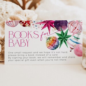 Modèle d'encart d'invitation de Noël rose pour baby shower, demande de livre d'hiver boule d'arbre lumineuse imprimable, carte fille lumineuse modifiable, CH78