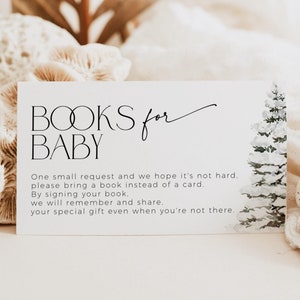 Modèle de demande de livres Winter Wonderland pour bébé, insertion d'invitation à une baby shower dans les bois, extérieur froid neutre de la forêt, arbre de Noël, CH52