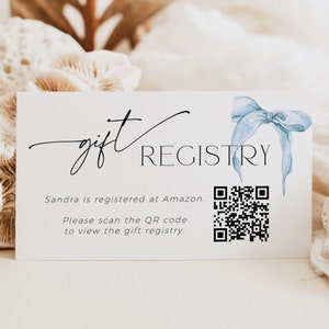 Something Blue Bow cadeau register QR-code uitnodigen invoegen, bewerkbare coquette babyshower kaart AFDRUKBAAR, stoffige strooi bijlage sjabloon BB59