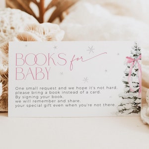 Modèle de carte de demande de livre de Noël avec noeud rose pour bébé, jeu de baby shower joyeux petit arbre à coquettes, fille du pays des merveilles de l'hiver rose poudré, CH76