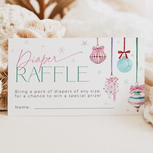 Modèle de billet de tombola de couches de Noël Coquette, carte de saupoudrage de noeud rose joyeux et rose, jeu de baby shower boule de sapin de Noël petite fille, CH79