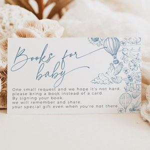 Modèle de toile de Jouy demande de livres bleus pour bébé, insertion de saupoudrer de chinoiseries florales modifiables, carte de baby shower garçon ballon ours, BB92