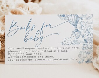 Blue Books for Baby Request Toile de Jouy Template, Editable Floral Chinoiserie Sprinkle Insert, Boy Balloon Bear Baby Shower Card, BB92