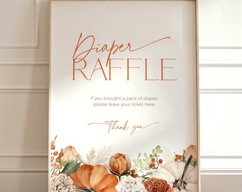 Cartello della lotteria dei pannolini a forma di zucca, gioco "Innamorarsi del baby shower", decorazione autunnale stampabile, cartello con cosparsione floreale autunnale, CH64