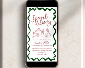 Pizza Themed Baby Shower Digital Invitation, Editable Special Delivery Electronic Invite, Italian Hand Drawn Sprinkle Text Message, BS103