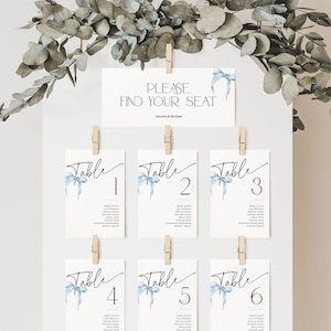 Modèle de plan de table carte de table elle fait le noeud, noeud de mariage bleu aquarelle Trouvez votre bannière de siège, enseigne de mariée minimaliste moderne, BS59