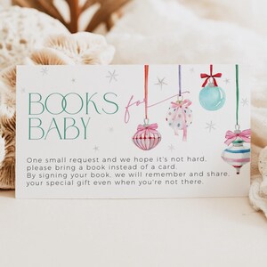 Modèle de demande Coquette de livres de Noël pour bébé, carte de Noël joyeux et rose vif, petite fille baby shower boule de sapin de Noël, CH79