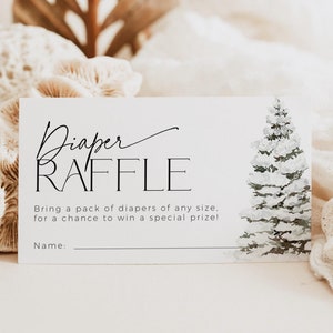 Modèle de billet de tombola pour couches Winter Wonderland, jeu de baby shower des bois, carte de forêt extérieure froide et neutre, arbre de Noël, CH52