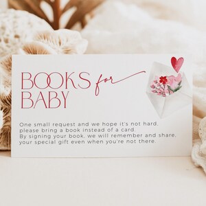 Modello di richiesta di libri per neonati con post a forma di cuore, amore rosa floreale, piccolo tesoro in arrivo, biglietto per baby shower di febbraio per bambine, CH83