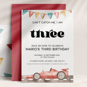 Race car 3rd birthday invitation digital, editable I am three boy race car invite, racing car party 3 year old instant download, BK06