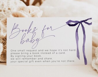 Purple Bow Books for Baby Invite Insert, Editable Coquette Sprinkle PRINTABLE, Girl Baby Shower, Dark Enclosure Card, Book Request, BB102