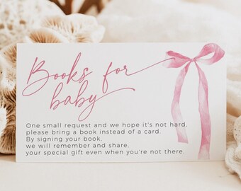 Pink Bow Books for Baby Invite Insert, Editable Coquette Sprinkle PRINTABLE, Girl Baby Shower, Dusty Rose Enclosure Card, Book Request, BB88