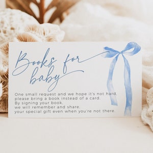 Nœud bleu, livres pour bébé, demande d'insertion d'invitations, saupoudrer de coquettes modifiables à imprimer, baby shower garçon, modèle de carte de visite poussiéreux, BB89