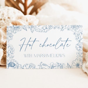Something Blue Toile de Jouy Buffet Food Label Card Wildflower, Stoffige Franse Chinoiserie-tafel Escord Tag, Love In Bloom Afdrukbare naam BS94