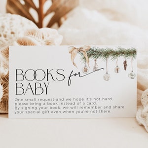 Modèle d'insertion de livres de Noël noeud pour baby shower, demande de livre d'hiver beige imprimable, carte boule neutre sexiste modifiable CH72