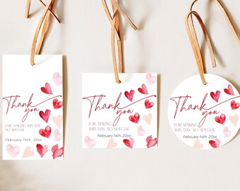Valentine Thank You Tag Template, Coquette Red Pink Hearts Favor Bag Label, Girl February Baby Shower Gift Sticker, Love is in the Air, CH84