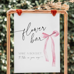 Cartello per bar con fiori a fiocco rosa, biglietto per addio al nubilato, modello per la segnaletica "Shes Tying the Knot Make a Bouquet", poster da tavolo per addio al nubilato Take a Favor, BS88