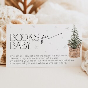 Modèle de petits livres flocon de neige pour baby shower, demande de livre imprimable au pays des merveilles de l'hiver, insertion d'invitation modifiable sapin de Noël joyeux, CH75