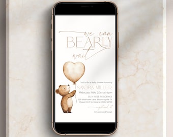 Bear Balloon Baby Shower Online Invitation, Editable Gender Neutral Bearly Wait Digital Invite, Paperless Boy or Girl Sprinkle Message BB115
