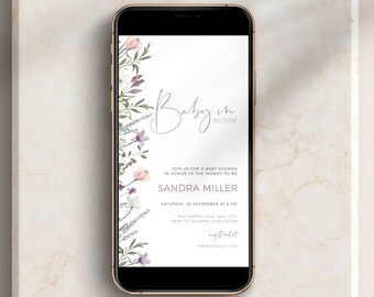 May include: A smartphone mockup showing a baby shower invitation with a floral design and the text "Baby in Bloom". The invitation includes the name "Sandra Miller" and the date "Saturday, 23 September at 2 PM".