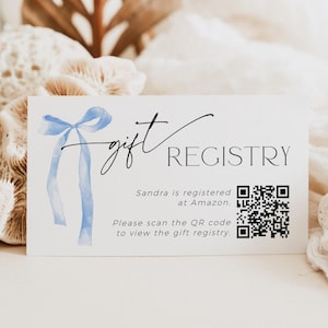 Etwas Blaues Bogen-Geschenk-Registratur-QR-Code-Einsatz, bearbeitbares Coquette-Baby-Dusche-Karte DRUCKBAR, Binden des Knoten-Brauteinschlusses, BB89