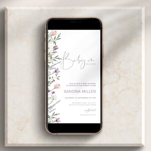 Elektronische uitnodiging paarse wilde bloemen babyshower BEWERKBARE SJABLOON, lavendel baby in bloei tekst uitnodigen, violet lila bloemenweide, BB19