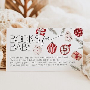 Modèle d'insertion de livres de biscuits de Noël pour invitation de baby shower, demande de livre d'hiver imprimable boules d'arbre rouges, modifiable neutre sexiste, CH73