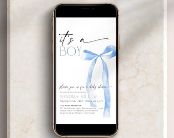 Blue Bow Baby Shower Online Invitation, Coquette It's a Boy Editable Electronic Invite, Ribbon Mom-to-be Party Text Message Digital, BB89