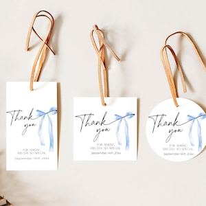 Blue bow thank you tags templates in rectangular, square and round shape