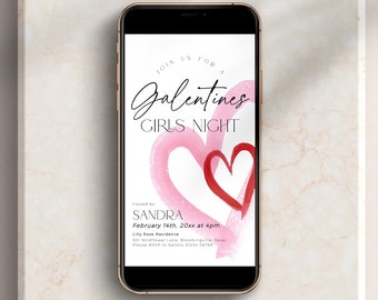 Puede incluir: Una invitación digital para una noche de chicas de San Valentín, con un diseño de corazón de acuarela rosa y rojo. El texto dice "Join us for a Galentines Girls Night" e incluye el nombre del anfitrión, la fecha, la hora y la ubicación.