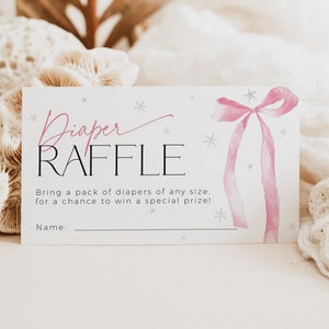 Kokette rosa Bogen-Weihnachtswindel-Verlosungskartenvorlage, ein fröhliches kleines Winterwunderlandspiel, Mädchen-Schneeflocke-Sprenkelpartykarte, CH80