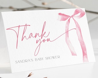 Pink Bow Thank You Card Baby Shower DOWNLOAD, Coquette Thanks Note Printable, Blush Elegant Editable Girl Sprinkle Party Template , BB88