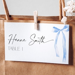 She is Tying the Knot Place Card Something Blue Bridal Shower, Bow Wedding Tent Table Name Tag, Printable Seat, Folded Seating Label, BS89