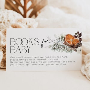 Modèle d'insertion de carte d'invitation de baby shower de livres de Noël, demande de livre d'hiver imprimable, boîtier modifiable de petite mignonne sur le chemin, CH71
