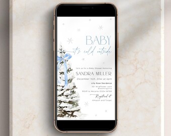 Blue Bow Christmas Baby Shower Online Invitation, Coquette Dusty Winter Wonderland Mobile Invite Boy, Merry Little Diaper Sprinkle, CH77