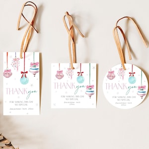 Pastell Weihnachts Ornamente Dankeschön Tag Vorlage, Rosa Schleife Winter Wunderland Geschenk Taschenaufkleber Band Mädchen Baby Shower Geschenk Aufkleber, CH79
