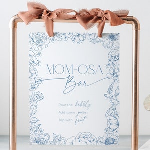 Letrero de bar con diseño de flores silvestres azules Toile de Jouy Mom-osa para baby shower, letrero para mesa de cócteles con diseño chinoiserie floral Sprinkle Boy, BB94