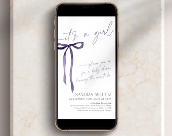 Purple Bow Baby Shower Online Invitation, Coquette Electronic Invite, Dark Ribbon Sprinkle Party Text Message, Digital Ecard Girl, BB102