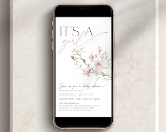 Baby in Bloom Wildflower Shower Digital Invitation, Editable Dusty Pink Floral Online Invite Girl, Wild Flowers Text Message Template, BS90