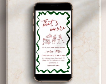 手描きの「That's Amore」ブライダルシャワー招待状オンライン、イタリアの電子招待状、落書きピザ波型ボーダーエンゲージメントデジタルEカードBS103