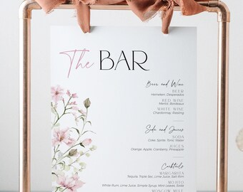 Blush Pink Bar Menu Sign Bridal Shower Brunch, Love in Bloom Wedding Signage, Spring Wildflower High Tea Cocktail Drinks Table Poster, BS90