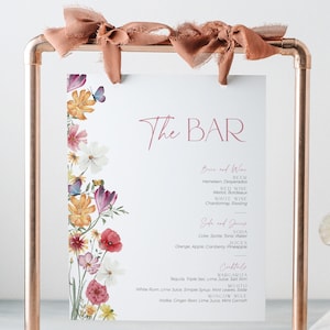 Wildblumen Bar Menü-Schild Brautparty, Liebe in Blüte Hochzeit Cocktail Getränke Beschilderung, Schmetterlinge Sommer Hens Buffet Tisch Poster, BS98
