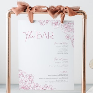 Pink Toile de Jouy Wildblumen Bar Menü Schild Brautparty, Liebe in Blüte Hochzeit Cocktail Drinks Poster, BS95