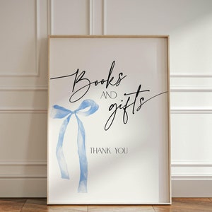 Cartello con libri e regali per bambini con fiocco blu per baby shower, cartello per la sposa che si sta sposando, striscione per la festa della mamma in attesa, poster da tavolo per matrimonio blu, BB89