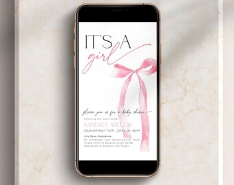 Pink Bow Baby Shower Online Invitation, Coquette Editable Electronic Invite, Ribbon Mom-to-be Party Text Message, Digital Ecard Girl, BB88