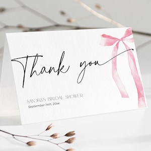 Pink Bow Thank You Cards Bridal Shower DOWNLOAD, Lei sta per fare il nodo Grazie Nota stampabile, Moderno modello modificabile Ty Festa del bambino, BS88