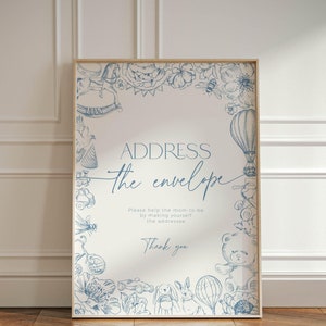 Toile de Jouy bleue Adresse pour l'enveloppe Baby shower de bébé ours, Chinoiserie française montgolfière, Saupoudrer la signalisation de table de remerciement BB92