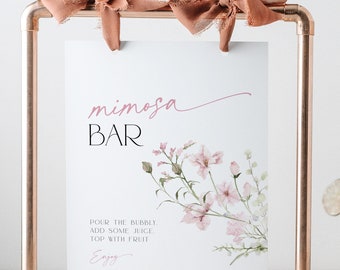 Blush Pink Mimosa Bar Sign Bridal Shower Brunch, Love in Bloom Wedding Signage, Spring Wildflower High Tea Party Cocktail Table Poster. BS90