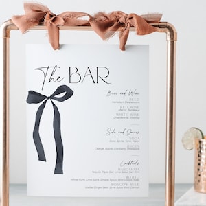 Letrero de barra con lazo negro para menú de despedida de soltera, plantilla de letrero para bebidas de cócteles "She's Tying the Knot", póster de mesa de buffet para despedida de soltera gótica, BS99